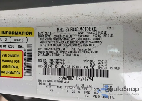 2013 Ford Fusion Se from USA, damaged, VIN 3FA6P0H71DR241794